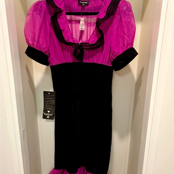 Bebe NWT Size M Pretty Pink Purple Black Silk High Waisted Ruffled Dress. (0573) - Picture 14 of 16